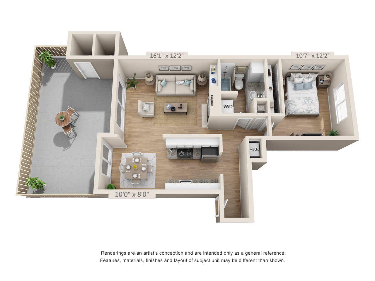 Floor plan for 1 bed, 1 bath, 700 sqft